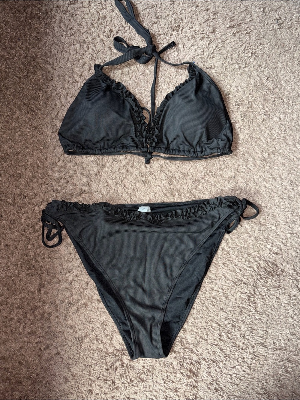 SHEIN Black Ruffle Tie-Side Triangle Bikini